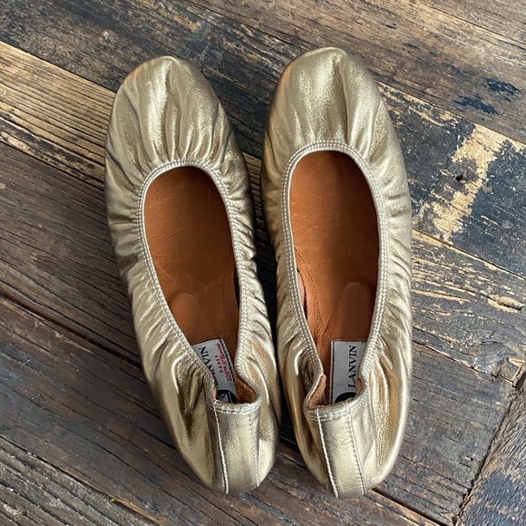 Lanvin Shoes - Lanvin Metallic Gold Leather Ballet Flats with Elastic Topline